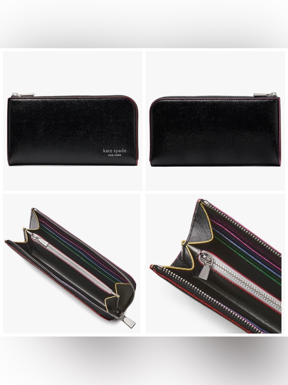 Kate Spade Devin Glitter Edged Zip Around Continental Wallet Patent Saffiano